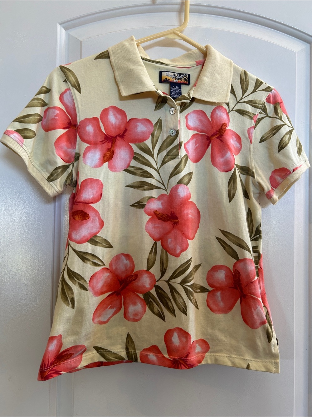 Women's Floral Polo Top - Pale Yellow with Pink Flowers